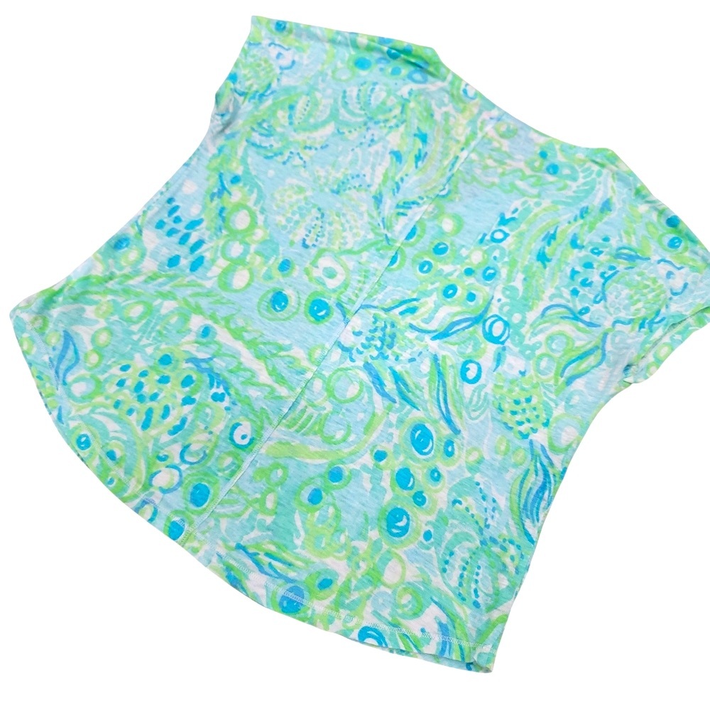 Lilly Pulitzer Linen Duval Notch Top Green Blue Cap Sleeve T-Shirt Women’s Small - Picture 8 of 15